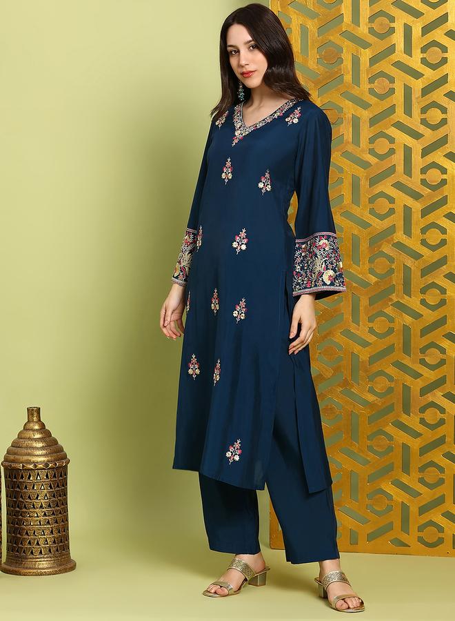 globus Women Navy Blue Floral Sequin Embroidered Kurta with Pants Set - Image 1